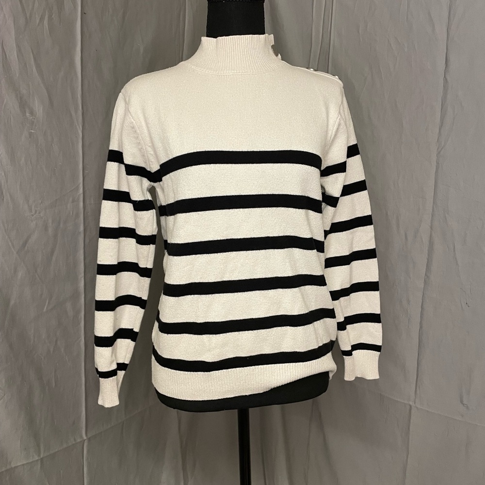 Kirundo Striped Black and White Turtleneck Sweater w/ Button Detail